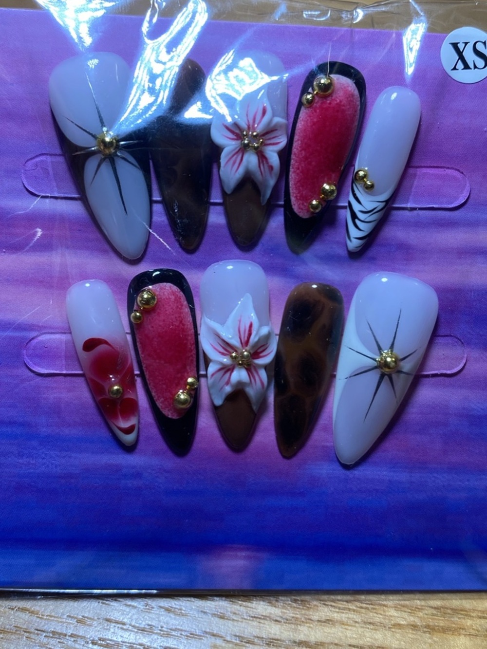Press-On Stiletto Nail Set with Red, White and Brown Floral Accents